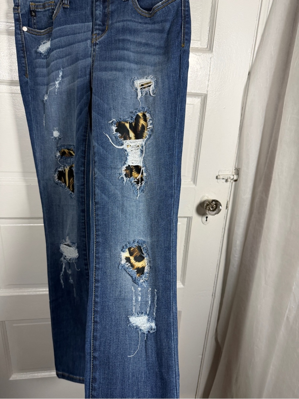 Judy Blue Dark Blue Skinny Jeans Distressed Leopard Patch Faded Whiskered Denim - Picture 6 of 17